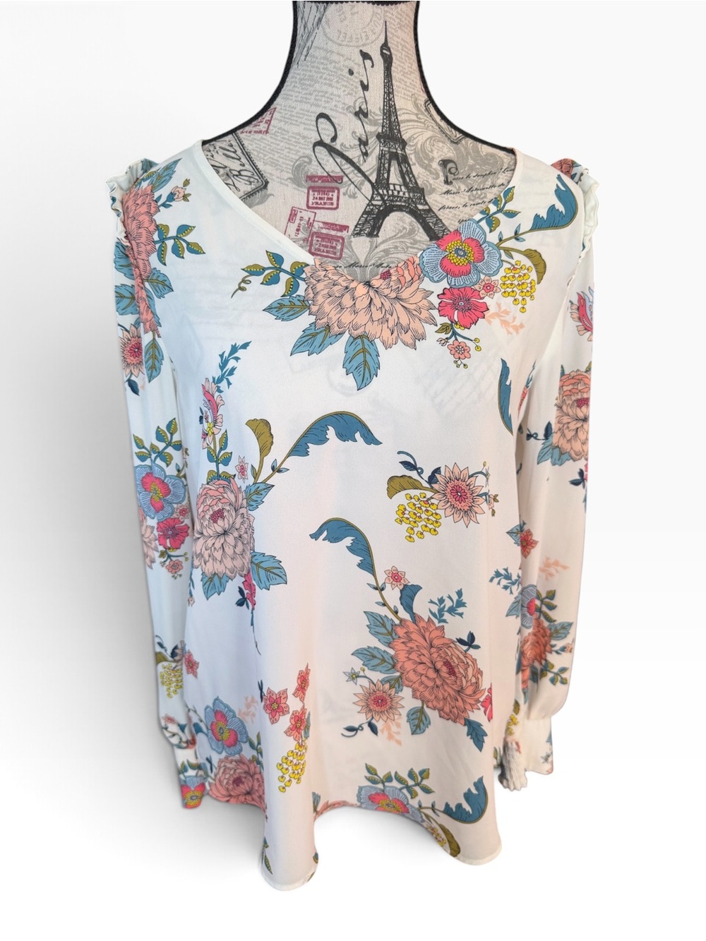 LOFT Floral V Neck Blouse Small Ruffle Shoulder Long Sleeve Ivory